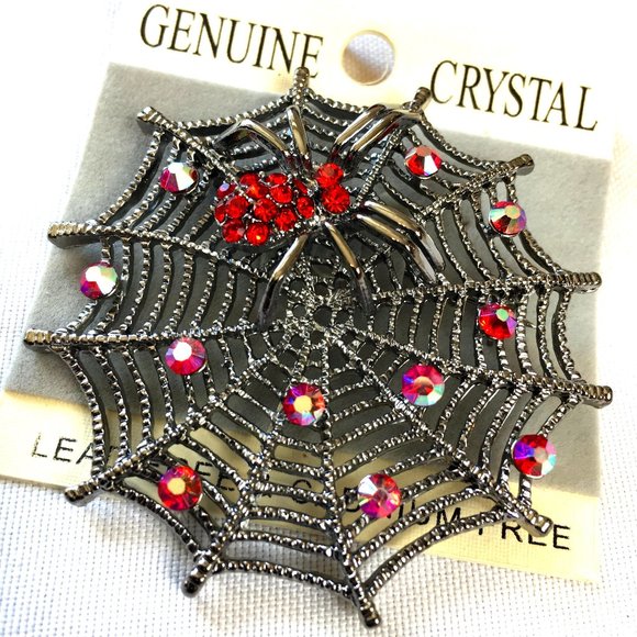 Red Jeweled Spider on Web Brooch Pin  NWOT - Picture 1 of 6